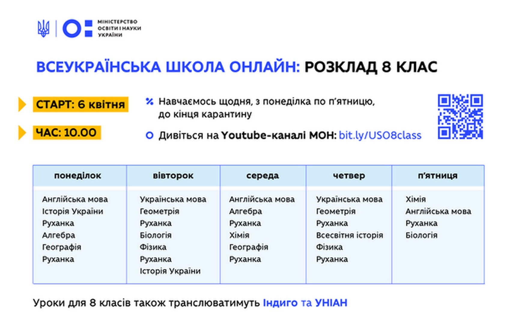 Всеукраїнська школа онлайн: розклад занять